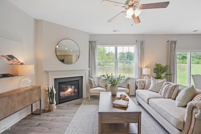 living room featuring ceiling fan and light wood-type flooring