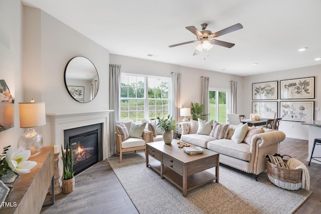 living room with hardwood / wood-style floors and ceiling fan