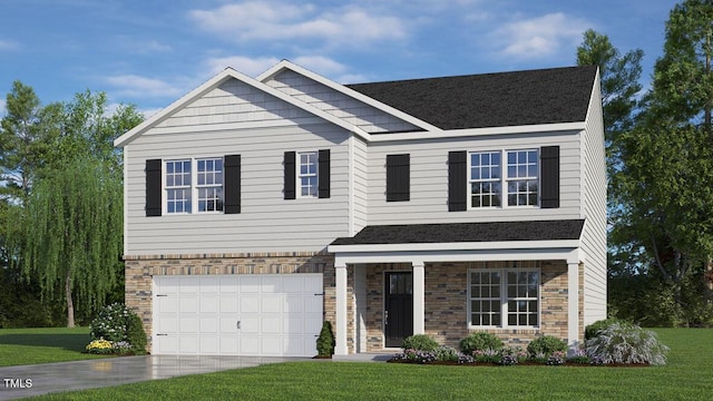 craftsman-style home featuring a garage and a front yard