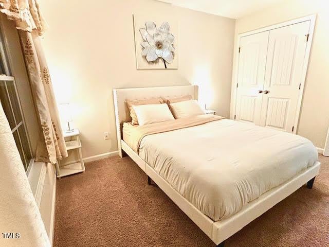 bedroom featuring carpet floors, baseboards, and a closet