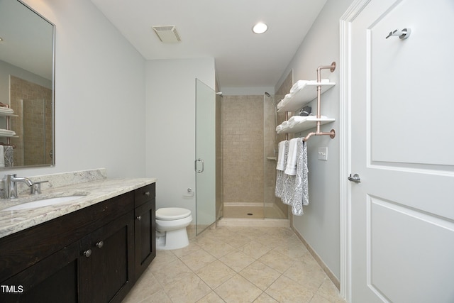full bath with visible vents, a shower stall, vanity, tile patterned floors, and toilet