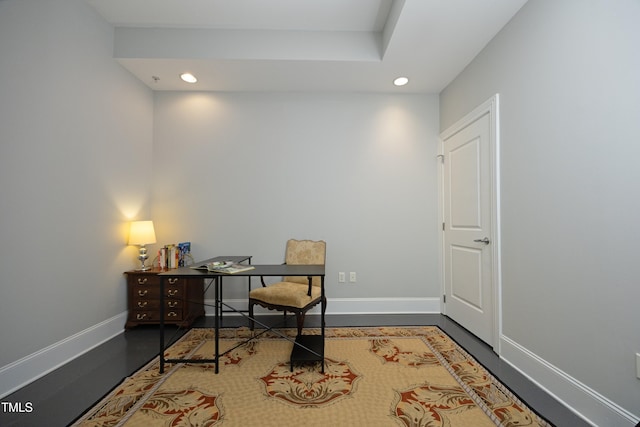 home office with baseboards, recessed lighting, and wood finished floors