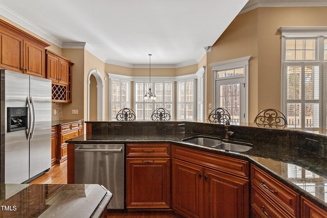 kitchen featuring a healthy amount of sunlight, stainless steel appliances, sink, and hanging light fixtures