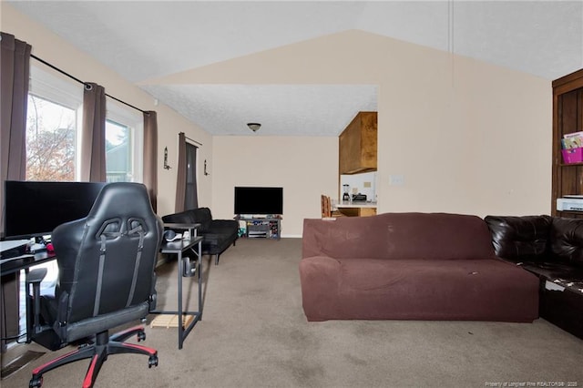 carpeted living room with vaulted ceiling