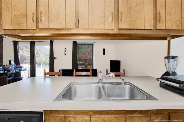 kitchen featuring light brown cabinetry, sink, a healthy amount of sunlight, and dishwasher