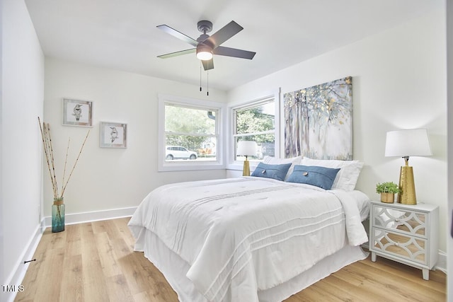 bedroom featuring ceiling fan and light wood-type flooring