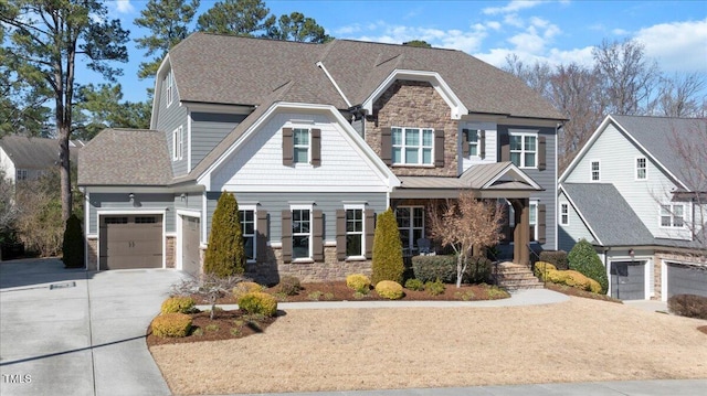 craftsman inspired home with a shingled roof, stone siding, concrete driveway, and a garage