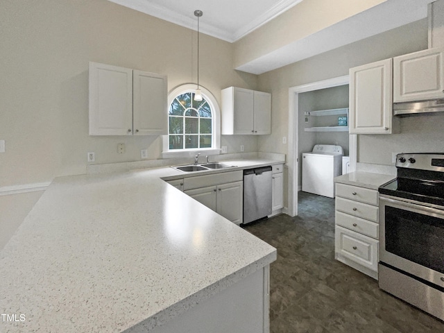 kitchen featuring stainless steel appliances, sink, hanging light fixtures, and white cabinets