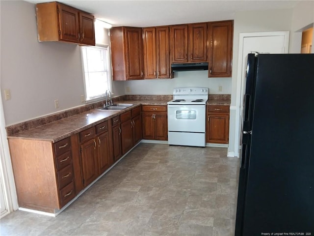 kitchen with sink, white electric range, and black refrigerator with ice dispenser