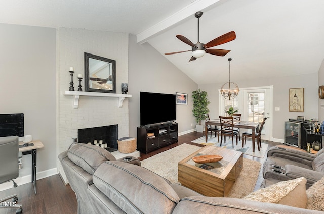 living room with a fireplace, vaulted ceiling with beams, dark hardwood / wood-style floors, beverage cooler, and ceiling fan with notable chandelier