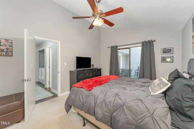 bedroom with ceiling fan, light colored carpet, and vaulted ceiling