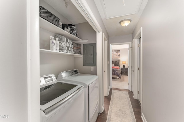 laundry room with hardwood / wood-style floors, electric panel, and washer and dryer