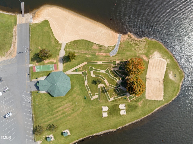 drone / aerial view featuring a water view