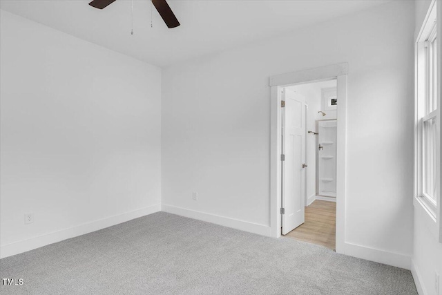 unfurnished room with plenty of natural light, light carpet, and ceiling fan