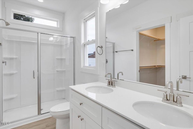 bathroom with vanity, hardwood / wood-style floors, an enclosed shower, and toilet