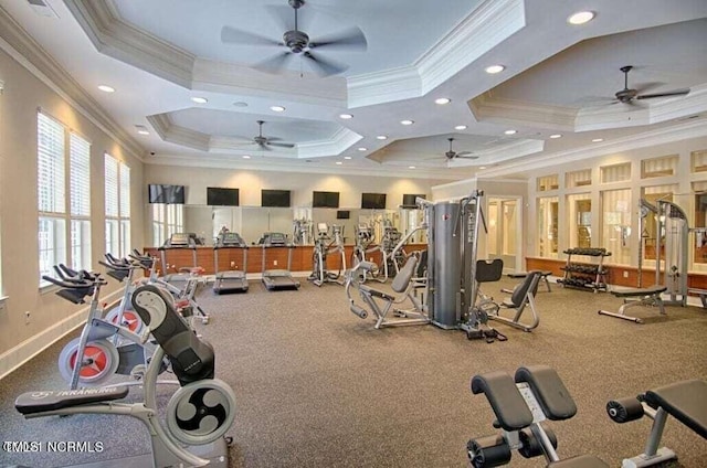 workout area with crown molding, a tray ceiling, and ceiling fan