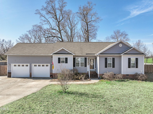 ranch-style house with a garage and a front yard