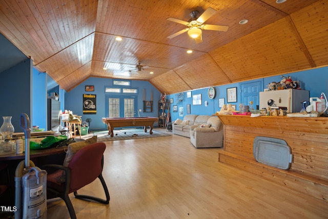 game room featuring hardwood / wood-style floors, lofted ceiling, pool table, wood ceiling, and french doors