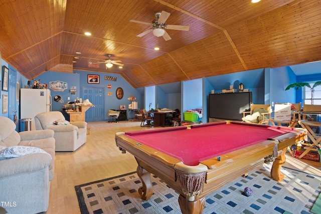 game room featuring wood ceiling, billiards, wood-type flooring, and vaulted ceiling