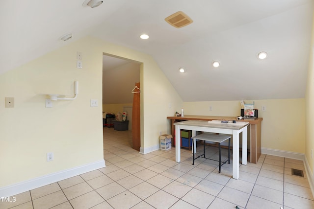 tiled office with lofted ceiling