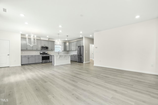 kitchen with hanging light fixtures, gray cabinets, a kitchen island, stainless steel appliances, and light hardwood / wood-style floors