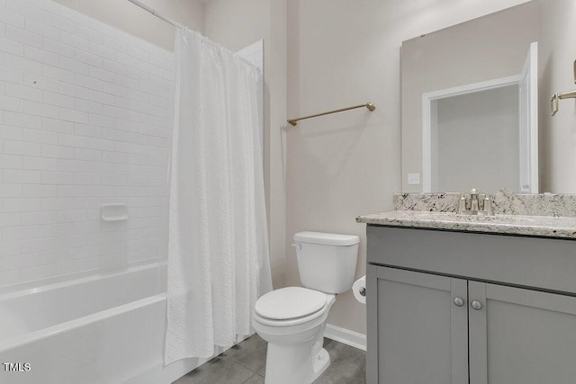 full bathroom with tile patterned flooring, vanity, shower / bathtub combination with curtain, and toilet