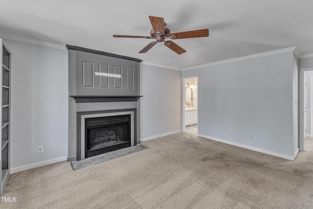 unfurnished living room with baseboards, carpet, ceiling fan, and a fireplace