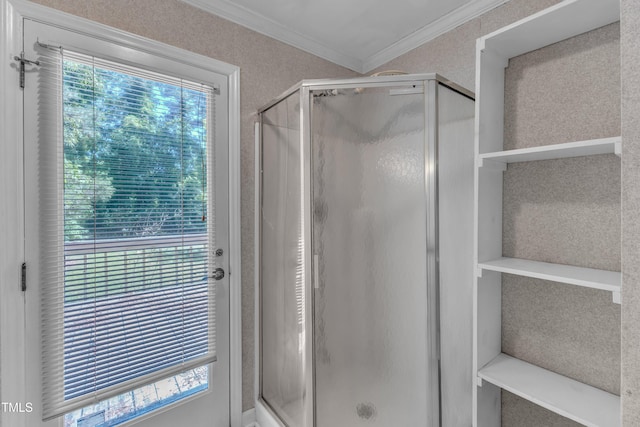full bathroom with crown molding and a shower stall