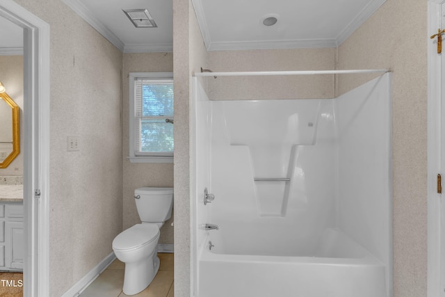 bathroom with vanity, ornamental molding, tile patterned flooring, tub / shower combination, and toilet