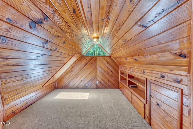 additional living space featuring wooden ceiling, carpet, vaulted ceiling, and wood walls