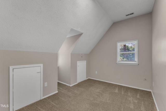 additional living space with carpet floors, a textured ceiling, baseboards, lofted ceiling, and visible vents