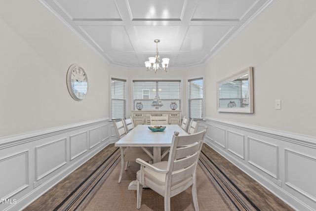 dining room with coffered ceiling, a wainscoted wall, wood finished floors, a decorative wall, and a notable chandelier