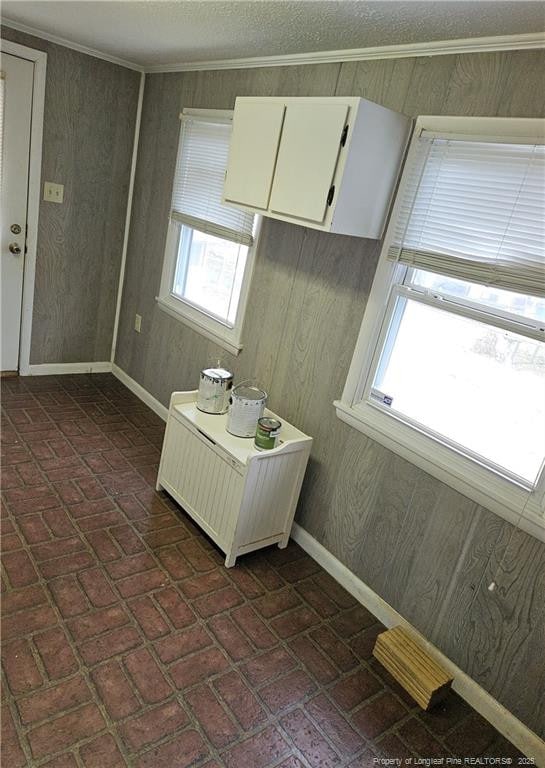 kitchen with crown molding, radiator, and white cabinets