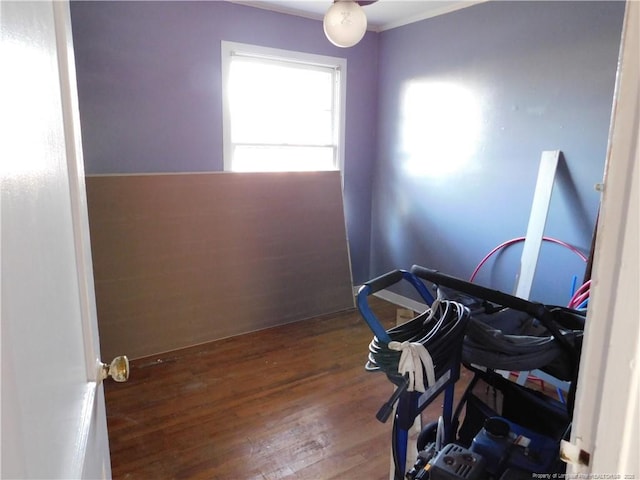 workout area with hardwood / wood-style flooring