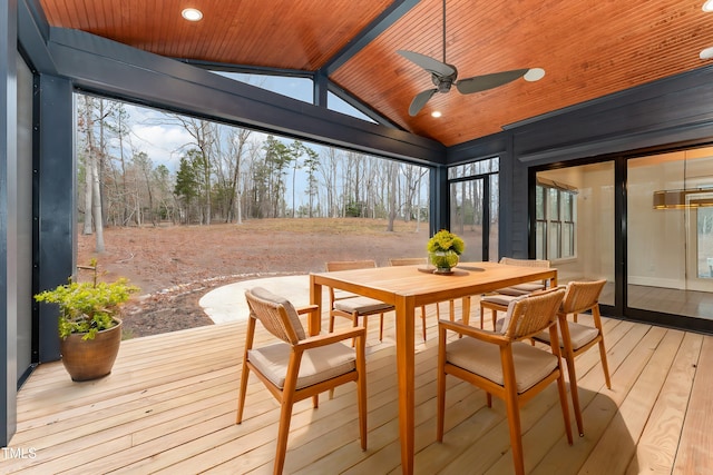 wooden deck with vaulted ceiling, ceiling fan, and wood ceiling