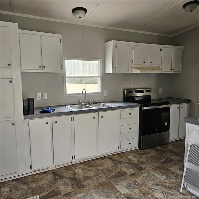 kitchen with crown molding, white cabinets, sink, and electric range