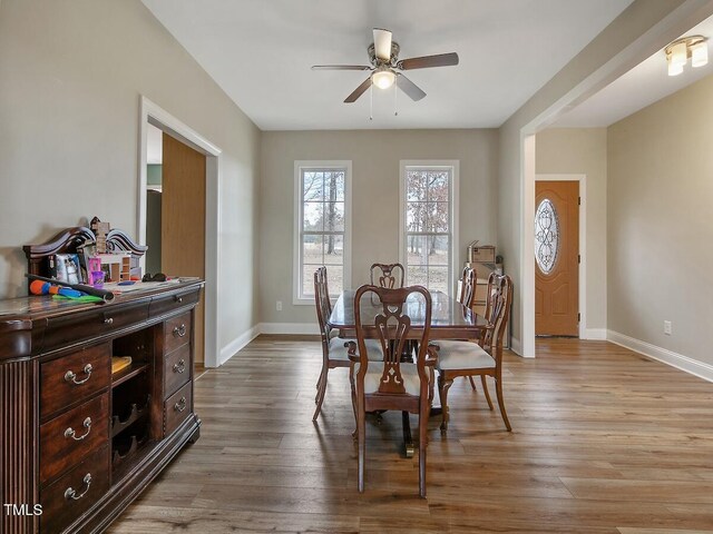 dining space featuring ceiling fan and light hardwood / wood-style flooring