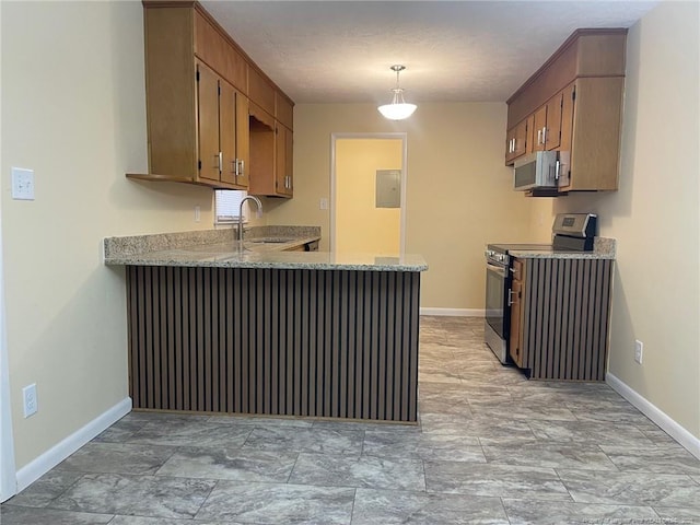 kitchen featuring sink, hanging light fixtures, electric panel, kitchen peninsula, and stainless steel appliances