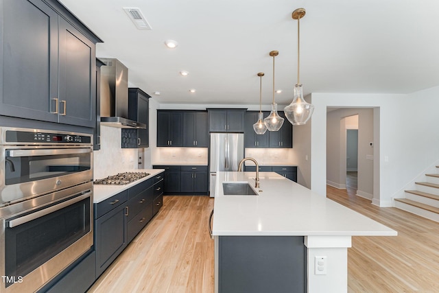 kitchen featuring wall chimney exhaust hood, sink, a center island with sink, pendant lighting, and stainless steel appliances