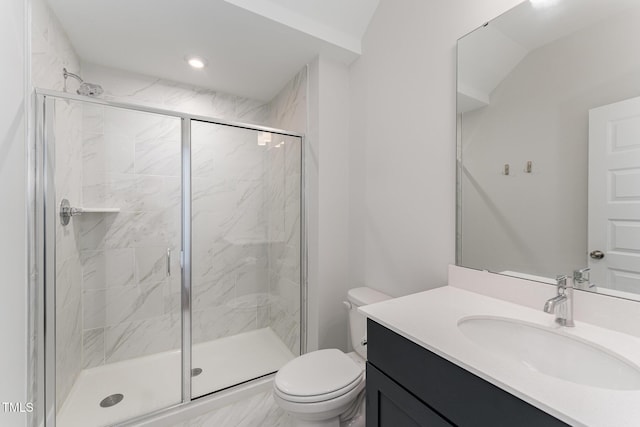 bathroom with vanity, toilet, and a shower with shower door