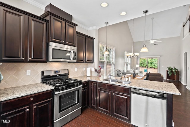 kitchen with a sink, tasteful backsplash, dark wood finished floors, a peninsula, and appliances with stainless steel finishes