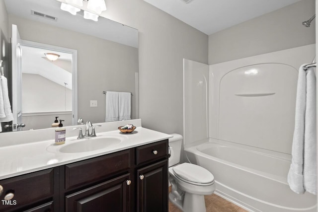 full bathroom with vanity, visible vents,  shower combination, tile patterned flooring, and toilet