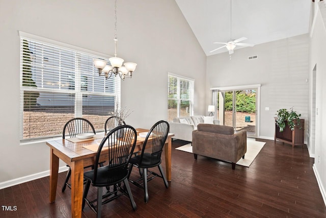 dining room featuring visible vents, high vaulted ceiling, ceiling fan with notable chandelier, hardwood / wood-style flooring, and baseboards