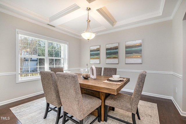 dining space featuring dark wood-type flooring, beamed ceiling, coffered ceiling, and crown molding