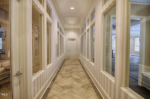 corridor featuring crown molding and parquet flooring