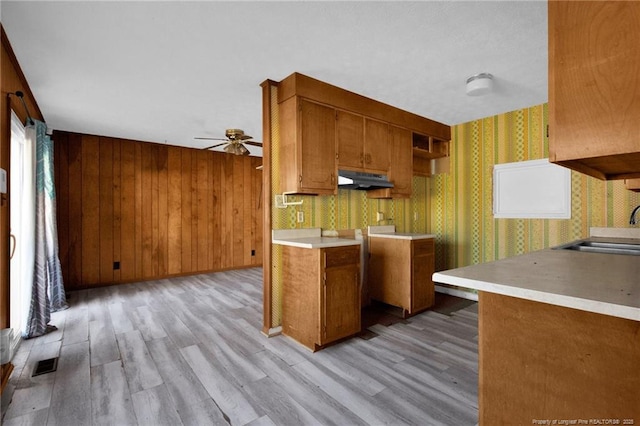 kitchen with sink, ceiling fan, and light hardwood / wood-style flooring