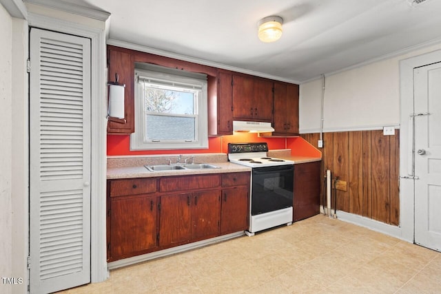 kitchen featuring sink, wood walls, and electric stove