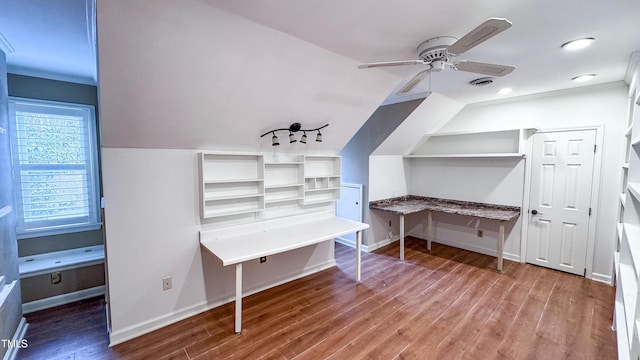 interior space with ceiling fan, lofted ceiling, and hardwood / wood-style floors