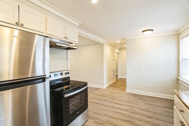 kitchen featuring crown molding, appliances with stainless steel finishes, white cabinetry, light stone countertops, and light hardwood / wood-style floors