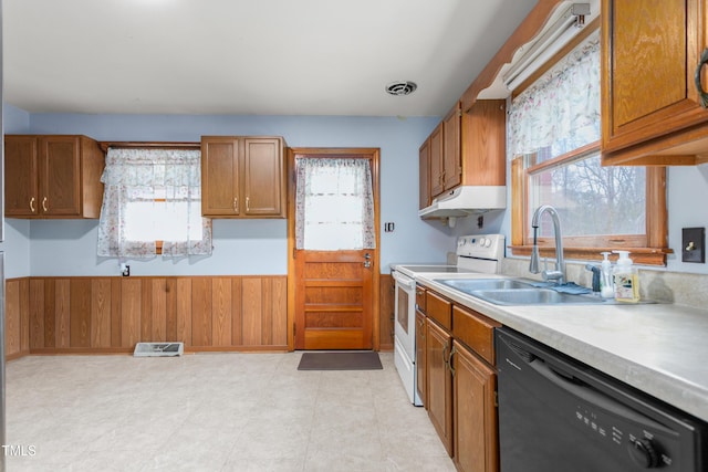 kitchen with sink, dishwasher, and white range with electric cooktop